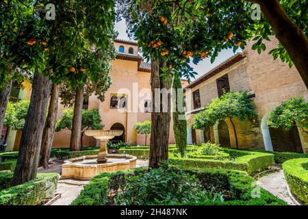 Cortile arabo con fontana e alberi nel complesso del palazzo dell'Alhambra, Granada, Andalusia, Spagna Foto Stock