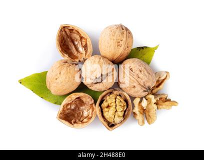 Noci intere e screpolate su sfondo bianco. Metà noce, foglie verdi e conchiglia. Vista dall'alto Foto Stock