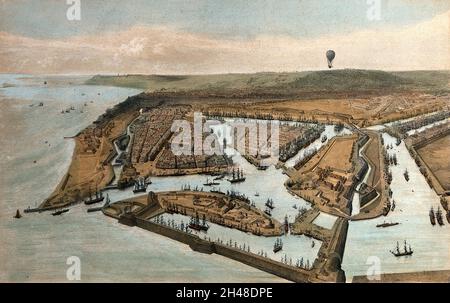 Le Havre visto da una mongolfiera. Litografia colorata di Jules Arnout dopo se stesso. Foto Stock
