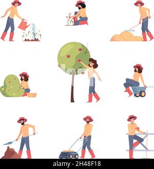 Coltivatori che trasportano. Lavoratori agricoli attività all'aperto agricoltori annaffiatura piante Garish vettore illustrazioni piatte in stile piatto Illustrazione Vettoriale