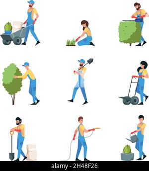 Persone agricole. Persone giardinieri crescita frutta albero e verdura agricoltori lavoratori Garish vettore illustrazioni piatte Illustrazione Vettoriale