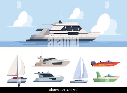 Yacht da crociera. Viaggio in mare nave di lusso per esplorare oceano barca laterale Garish vettore illustrazioni in stile piatto Illustrazione Vettoriale