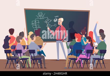 Lezione degli studenti. Personaggi di formazione seduti sulle sedie parlano in auditorium business formazione professore parlare vettore esatto indietro visualizzare le persone cartoon Illustrazione Vettoriale