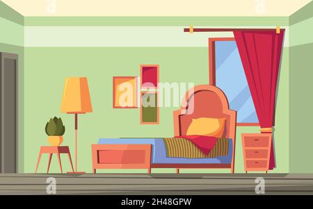 Interni colorati. Camera da letto moderna con letto luogo relax con materasso garish vettore cartoon sfondo Illustrazione Vettoriale