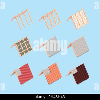 Copertura. Tavole isometriche da costruzione materiale da costruzione piastrelle flessibili parti in legno ceramiche termo-gargiante illustrazioni vettoriali Illustrazione Vettoriale