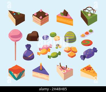 Caramelle isometriche. Dolci cibo delizioso per i bambini felici lecca torta di cioccolato e caramelle garish vettore immagini set Illustrazione Vettoriale