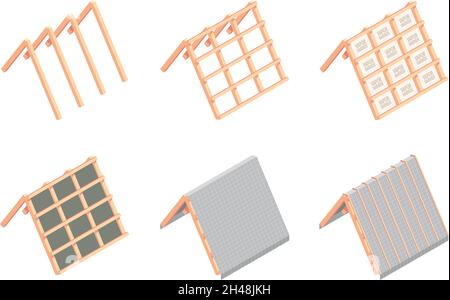 Costruzione di tetti. Tavole da costruzione vari materiali per coperture in legno ceramico piastrelle termiche flessibili illustrazioni isometriche vettoriali di garish Illustrazione Vettoriale