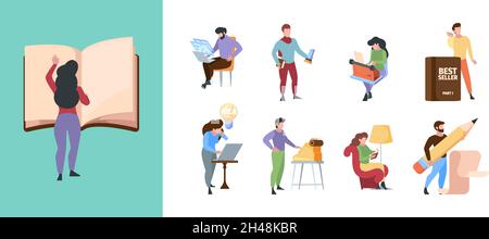 Personaggi giornalisti. Scrittori e blogger digitali comunicano online libro carta professionale digitando utilizzando laptop garish vettore flat illustrazione Illustrazione Vettoriale