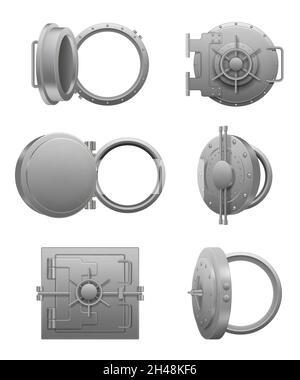 Porte di banco rotonde. Chiuso e aperto diversi tipi di porta in acciaio per banca maniglia valvole protezione tesori vettore dignitoso immagini realistiche set Illustrazione Vettoriale