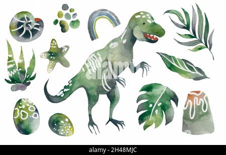 Dinosauro Set clipart. Dino carino e altri elementi fantastici della natura del periodo preistorico. Dinosauri cartoon per bambini illustrazione in Foto Stock