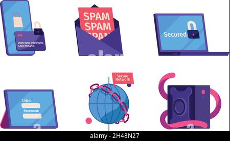 Sicurezza informatica. I frame di input della chiave della password bloccano i sistemi in linea sicuri garish collezione di icone vettoriali Illustrazione Vettoriale