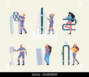 Industria del gas petrolifero. Ingegneri lavoratori diversità professionale tubi industriale caratteri Garish vettore flat illustrazioni stilizzato concetto Illustrazione Vettoriale