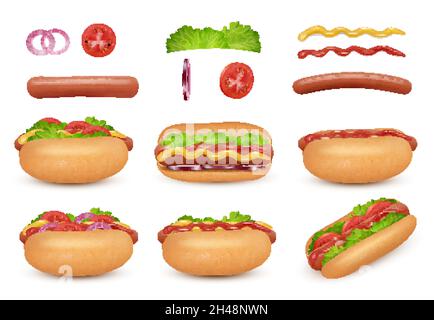 Hot dog realistico. Fast food ingredienti salsiccia pomodoro cipolla ketchup mayonez salsa insalata decente vettore hot dog illustrazioni Illustrazione Vettoriale