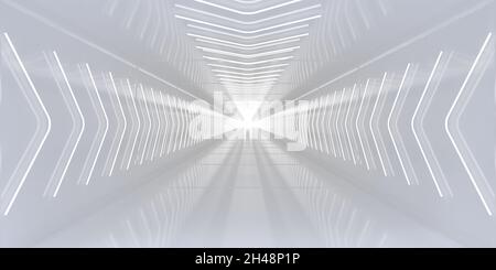 Tunnel di colore bianco chiaro con frecce al neon incandescenti segno puntatori. illustrazione 3d. Foto Stock
