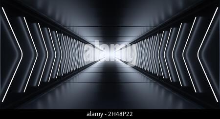 Luce brillante alla fine del lungo tunnel scuro con luci al neon freccia puntatori segno sulle pareti. illustrazione 3d. Foto Stock