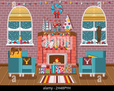 Intimo Natale interno con camino e gatti Illustrazione Vettoriale