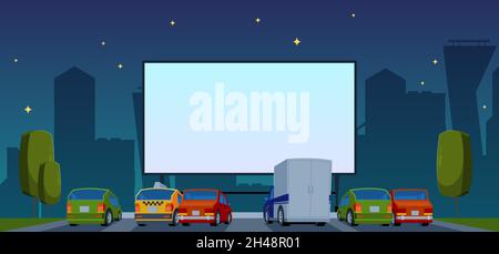 Cinema all'aperto. Auto in notte oscura filmare eventi di attrazione nel parco estivo Garish vettore illustrazioni piatte Illustrazione Vettoriale