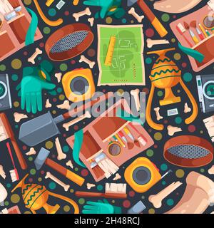 Schema archeologico. Scavi storia scavi attrezzature antiche artefatti ossa mappa trovare cranio tessile design progetto Garish vettore senza giunture Illustrazione Vettoriale