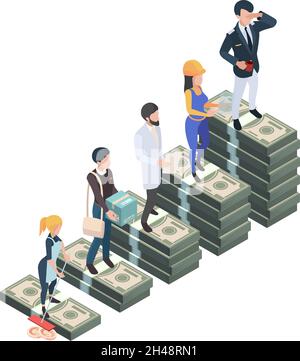 Differenza di stipendio. Professionisti salariali, pile isometriche di denaro contante. Concetto di vettore di divario o disuguaglianza Illustrazione Vettoriale