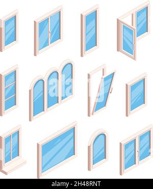 Serramenti in vetro. Finestre a vista e a vista diverse tipologie di illustrazioni isometriche vettoriali in vetro trasparente Illustrazione Vettoriale