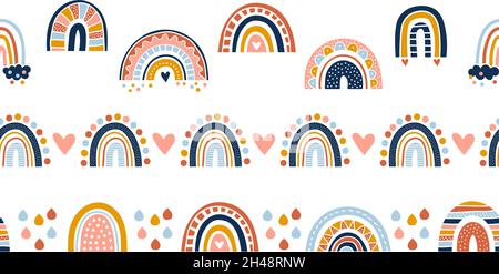 Confini senza giunture dell'arcobaleno scandinavo. Arcobaleni carini, pioggia colorata e cuori. Modello vettoriale infantile Illustrazione Vettoriale