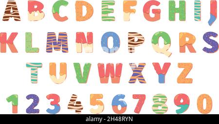Ciambelle lettere alfabetiche. Simboli alimentari testo icone divertenti numeri e lettere modelli colorati garish vettore torte alfabeto Illustrazione Vettoriale