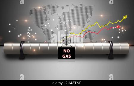 Valvola per tagliare il gas della tubazione del gas. Non c'è gas. Industria petrolifera e del gas. Pozzetto per gas ad alta pressione, raccordi per tubi, valvole. Rendering 3D Foto Stock