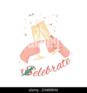 Calici da champagne femminili che si aggraffano a mano in festa Illustrazione Vettoriale