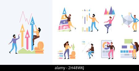 Grafico aziendale. Business persone con benchmark strategia marketing confrontare le procedure di valutazione diagramma garish vettore flat immagini Illustrazione Vettoriale