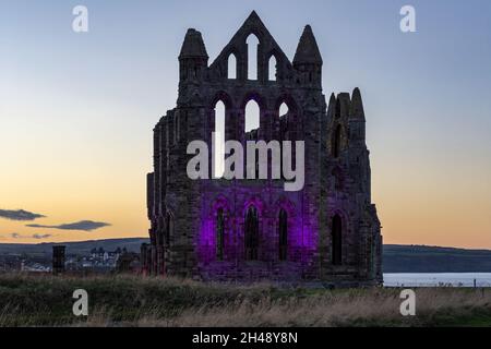 Abbazia di Whitby illuminata ottobre 2021 Foto Stock