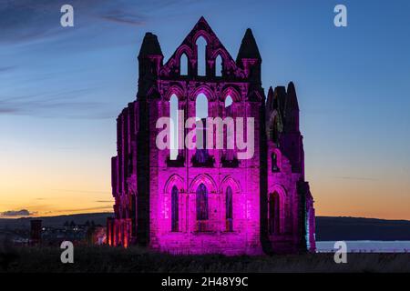 Abbazia di Whitby illuminata ottobre 2021 Foto Stock