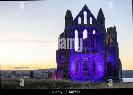 Abbazia di Whitby illuminata ottobre 2021 Foto Stock