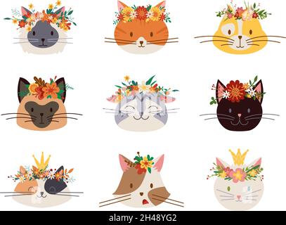 Gatto in corona di fiori. Teste di gatti carini, animali da cartoni animati isolati. Adesivi da ragazza, kitten princesse. Corona floreale Doodle, avatar vettoriali di classe animali domestici Illustrazione Vettoriale