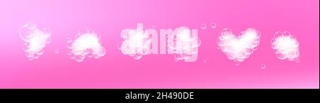 Pezzi di schiuma di sapone con bolle isolate su sfondo rosa. Vista dall'alto dello shampoo frizzante e delle nuvole di schiuma da bagno. Vettore. Illustrazione Vettoriale