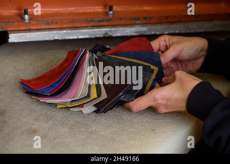 Campioni multicolore di vera pelle di diverse texture. Le mani femminili scelgono la pelle per il design delle calzature nella fabbrica di calzature Foto Stock