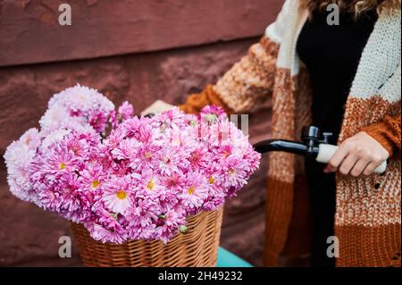 Vista ravvicinata delle mani femminili che reggono sul manubrio della bicicletta a cui si fissa il cestino di vimini marrone fatto di viti, pieno di affascinanti fiori rosa. Foto Stock