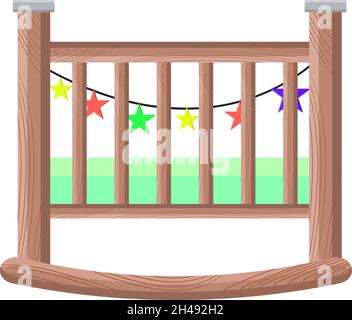 Lettino in legno per bambini, illustrazione, vettore su sfondo bianco. Illustrazione Vettoriale