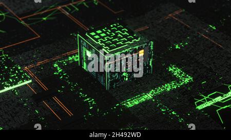 Processore o microchip e segnali elettronici sul circuito della scheda madre, grafica di movimento 3D. Circuito stampato futuristico con elettroni in movimento con il cent Foto Stock