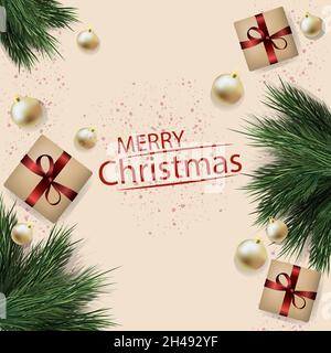 Banner web di Natale Felice anno nuovo saluti, scatole regalo e oro Tinsel. Poster, cartoline, intestazioni, sito web, social network - illustrazione Foto Stock