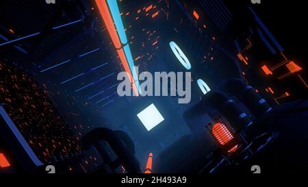 Interni alla navicella spaziale futuristica aliena con luci scintillanti e anello senza cuciture. Movimento. Corridoio scuro fantascientico con la luce alla fine del tunnel Foto Stock