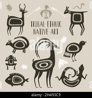 Animali totem nativi. Disegni animali etnici tribali, cervi lucertola pesce rana uccello capra trafilati totem simboli bestie, mitologia tatuaggio indigeno brute primitivo ornamento segni Illustrazione Vettoriale