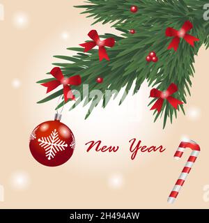 Buon Natale e Felice Anno Nuovo. Biglietto di auguri vacanza alla moda con lettere, albero di Natale e pino - illustrazione Foto Stock