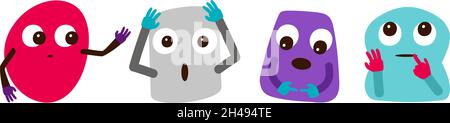 Personaggi astratti pazzi. Volti emozionali, simpatiche forme cartoonate con occhi vettoriali Illustrazione Vettoriale