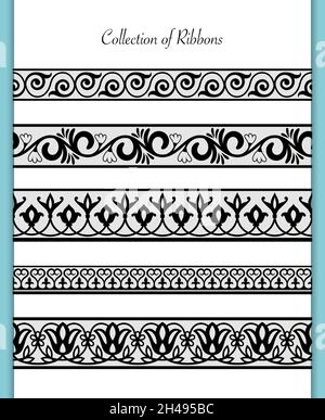 Nastri in pizzo. Vectors strisce tessili allacciate, ornamento bordi decorazione, romanticismo orizzontale texture senza giunture, vettore abbellimento fasciatura bordi isolati su sfondo bianco Illustrazione Vettoriale