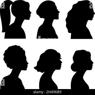 Silhouette laterali per ragazze. Testa etnica nera bianca ragazza, donna moda modelli neri persone, bella femmina lati volti, teenager disegno donna profili ritratti vettore grafico Illustrazione Vettoriale