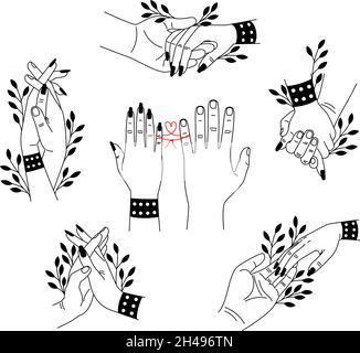 Set manuale maschio e femmina. Elementi cartoni animati per gli amanti abbraccia con cura e sicurezza, concetto di illustrazione vettoriale di romantico collegamento delle palme isolato su sfondo bianco Illustrazione Vettoriale
