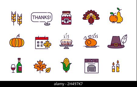 Le icone delle feste americane tradizionali di ringraziamento sono a colori. Raccolto, tacchino, verdure, cena di famiglia e altro. Pixel Perfect, tratto modificabile Illustrazione Vettoriale