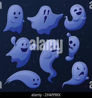 Fantasma spettrale. Fantasmi di cartoni animati, ombre fantasma o spiriti. Divertente simpatico fantasma trasparente, halloween spaventoso volare e PEPEPEPEPEPEPEPEPEPEG recenti personaggi vettoriali Illustrazione Vettoriale