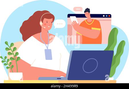 Assistente in linea. Servizio personale, tutto il giorno per aiutare il cliente. Supporto client, chiamata di aiuto virtuale. Business man contatto con consulente utter vettore Illustrazione Vettoriale