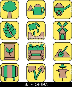 Pacchetto icone agricoltura, illustrazione, vettore, su sfondo bianco. Illustrazione Vettoriale